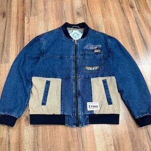Evisu Denim Bomber Jacket in Blue and Tan